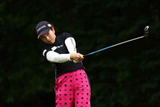 Ritsuko Ryu of Japan hits her tee shot on the 8th hole during the second round of Nichirei Ladies at Sodegaura Country Club Shinsode Course on June...