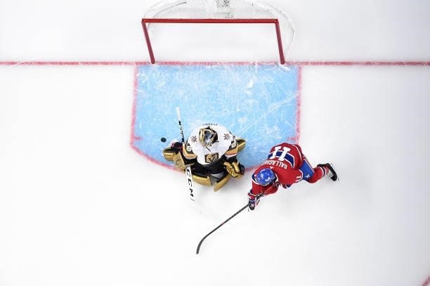 Marc-Andre Fleury of the Vegas Golden Knights makes the save against Brendan Gallagher of the Montreal Canadiens during the first period in Game...