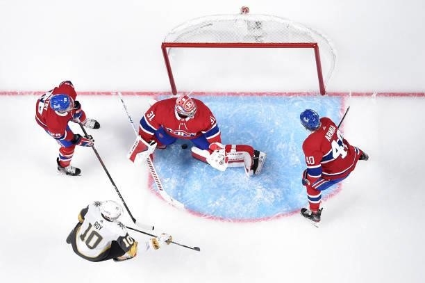 Nicolas Roy of the Vegas Golden Knights scores a goal past Carey Price of the Montreal Canadiens during the second period in Game Three of the...
