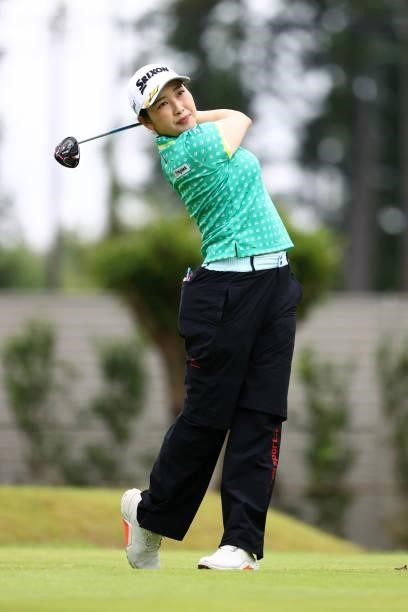 Sakura Koiwai of Japan hits her tee shot on the 9th hole during the second round of Nichirei Ladies at Sodegaura Country Club Shinsode Course on June...