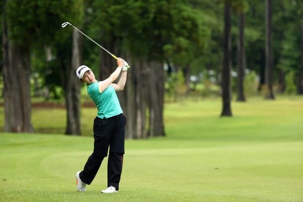 Sakura Koiwai of Japan hits her second shot on the 9th hole during the second round of Nichirei Ladies at Sodegaura Country Club Shinsode Course on...
