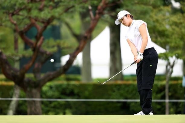 Mone Inami of Japan chips onto the 9th green during the second round of Nichirei Ladies at Sodegaura Country Club Shinsode Course on June 19, 2021 in...