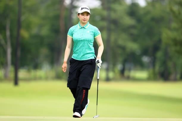 Sakura Koiwai of Japan reacts after a putt on the 9th green during the second round of Nichirei Ladies at Sodegaura Country Club Shinsode Course on...