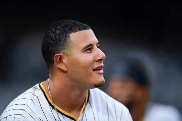 Manny Machado of the San Diego Padres looks on during the second inning of a baseball game against the Cincinnati Reds at Petco Park on June 18, 2021...
