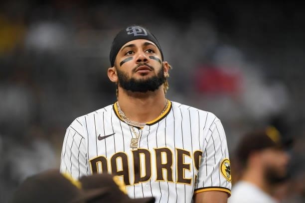 Fernando Tatis Jr. #23 of the San Diego Padres looks on during the second inning of a baseball game against the Cincinnati Reds at Petco Park on June...
