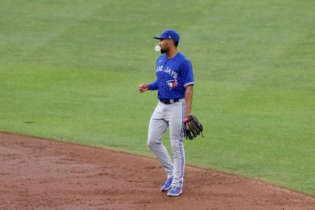 Marcus Semien of the Toronto Blue Jays looks on against the Baltimore Orioles at Oriole Park at Camden Yards on June 18, 2021 in Baltimore, Maryland.