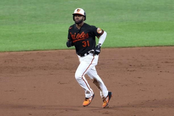 Cedric Mullins of the Baltimore Orioles rounds the bases after hitting a solo home run in the first inning against the Toronto Blue Jays at Oriole...
