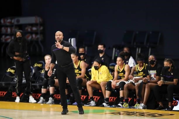 Los Angeles Sparks head coach Derek Fisher calls to the team from the sideline during the game against the Phoenix Mercury at Los Angeles Convention...