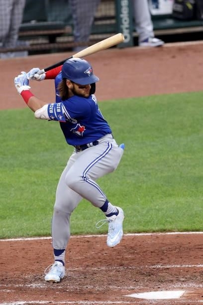 Bo Bichette of the Toronto Blue Jays bats against the Baltimore Orioles at Oriole Park at Camden Yards on June 18, 2021 in Baltimore, Maryland.