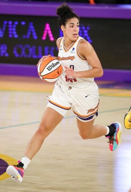 Guard Kia Nurse of the Phoenix Mercury handles the ball during the game against the Los Angeles Sparks at Los Angeles Convention Center on June 18,...