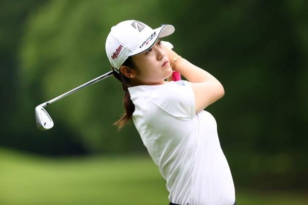 Mone Inami of Japan hits her second shot on the 9th hole during the second round of Nichirei Ladies at Sodegaura Country Club Shinsode Course on June...