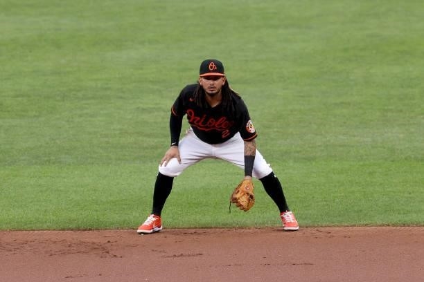 Freddy Galvis of the Baltimore Orioles follows the ball against the Toronto Blue Jays at Oriole Park at Camden Yards on June 18, 2021 in Baltimore,...