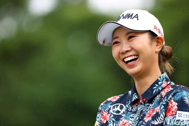 Shina Kanazawa of Japan laughs on the 16th tee during the second round of Nichirei Ladies at Sodegaura Country Club Shinsode Course on June 19, 2021...