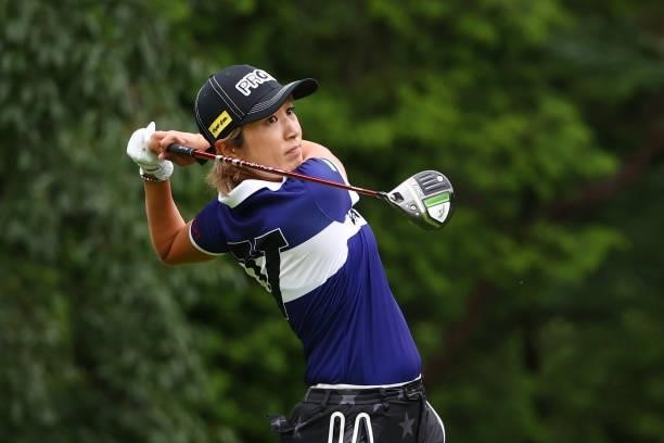 Asako Fujimoto of Japan hits her tee shot on the 14th hole during the second round of Nichirei Ladies at Sodegaura Country Club Shinsode Course on...