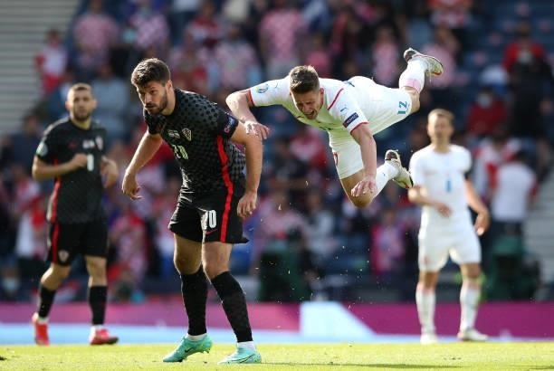 Lukas Masopust of Czech Republic battles with Bruno Petkovic of Croatia during the UEFA Euro 2020 Championship Group D match between Croatia and...