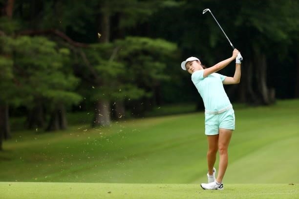 Haruka Morita of Japan hits her second shot on the 13th hole during the second round of Nichirei Ladies at Sodegaura Country Club Shinsode Course on...