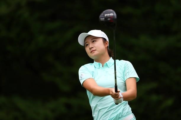 Haruka Morita of Japan hits her tee shot on the 14th hole during the second round of Nichirei Ladies at Sodegaura Country Club Shinsode Course on...