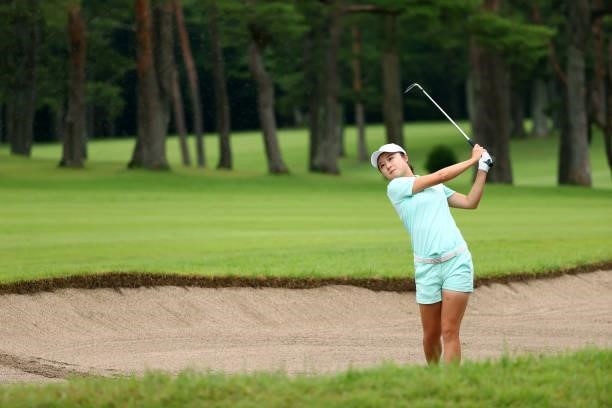 Haruka Morita of Japan hits her second shot out of a bunker on the 15th hole during the second round of Nichirei Ladies at Sodegaura Country Club...