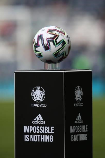 The Adidas match ball on its plinth during the UEFA Euro 2020 Championship Group D match between Croatia and Czech Republic at Hampden Park on June...