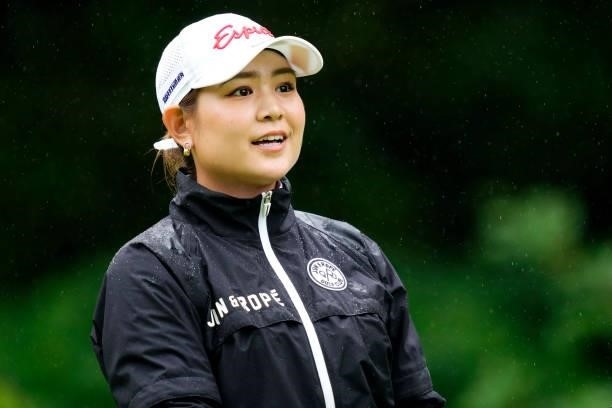 Julia Kurata of Japan reacts after her tee shot on the 18th hole during the second round of the Yupiteru Shizuoka Shimbun SBS Ladies at the Shizuoka...