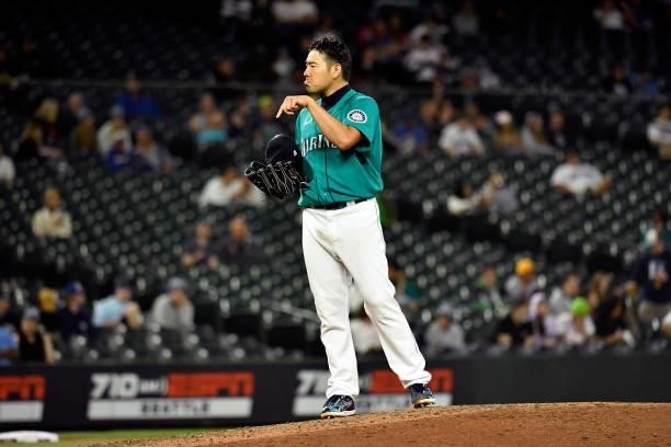 Yusei Kikuchi of the Seattle Mariners gestures during the game against the Tampa Bay Rays at T-Mobile Park on June 18, 2021 in Seattle, Washington....