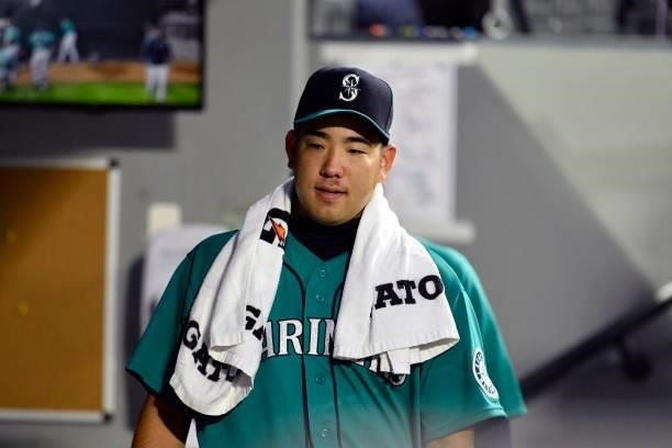 Yusei Kikuchi of the Seattle Mariners walks in the dugout during the game against the Tampa Bay Rays at T-Mobile Park on June 18, 2021 in Seattle,...