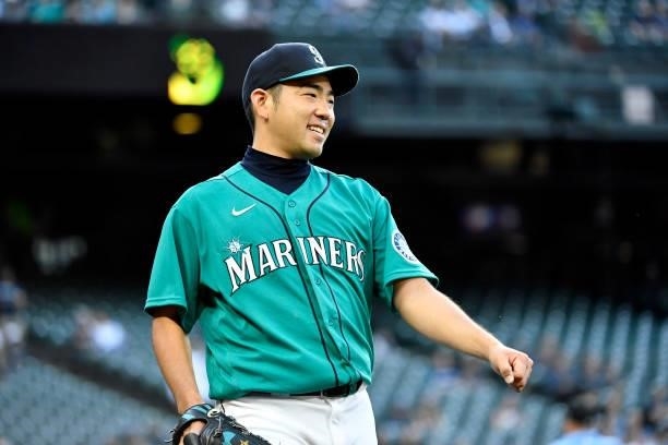 Yusei Kikuchi of the Seattle Mariners smiles during the game against the Tampa Bay Rays at T-Mobile Park on June 18, 2021 in Seattle, Washington. The...