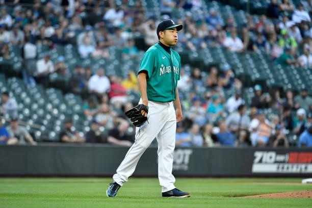 Yusei Kikuchi of the Seattle Mariners exhales during the game against the Tampa Bay Rays at T-Mobile Park on June 18, 2021 in Seattle, Washington....