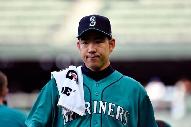 Yusei Kikuchi of the Seattle Mariners walks on the field before the game against the Tampa Bay Rays at T-Mobile Park on June 18, 2021 in Seattle,...
