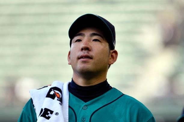Yusei Kikuchi of the Seattle Mariners walks on the field before the game against the Tampa Bay Rays at T-Mobile Park on June 18, 2021 in Seattle,...