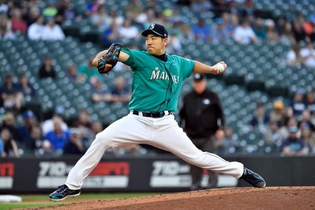 Yusei Kikuchi of the Seattle Mariners pitches the ball during the game against the Tampa Bay Rays at T-Mobile Park on June 18, 2021 in Seattle,...