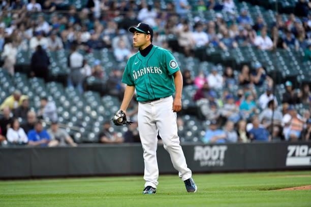 Yusei Kikuchi of the Seattle Mariners looks on during the game against the Tampa Bay Rays at T-Mobile Park on June 18, 2021 in Seattle, Washington....