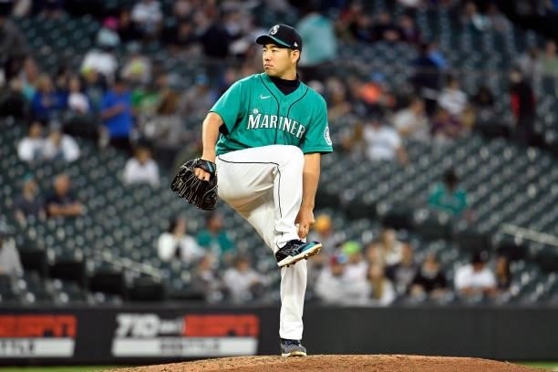 Yusei Kikuchi of the Seattle Mariners pitches the ball during the game against the Tampa Bay Rays at T-Mobile Park on June 18, 2021 in Seattle,...