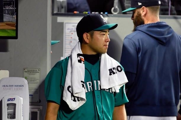 Yusei Kikuchi of the Seattle Mariners walks in the dugout during the game against the Tampa Bay Rays at T-Mobile Park on June 18, 2021 in Seattle,...