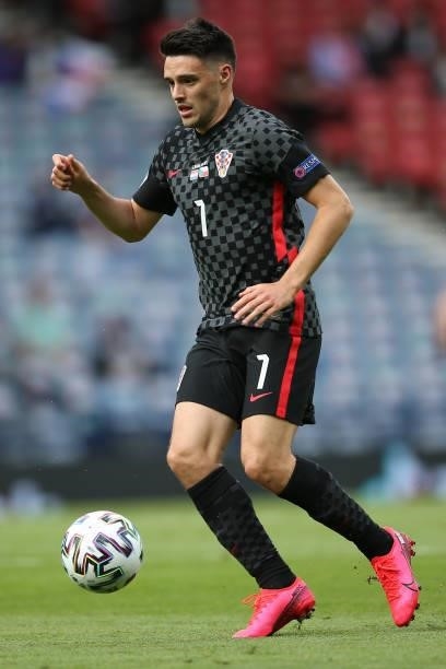 Josip Brekalo of Croatia on the ball during the UEFA Euro 2020 Championship Group D match between Croatia and Czech Republic at Hampden Park on June...