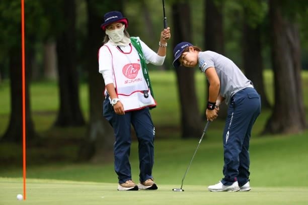 Lala Anai of Japan holes the birdie putt on the 15th green during the second round of Nichirei Ladies at Sodegaura Country Club Shinsode Course on...