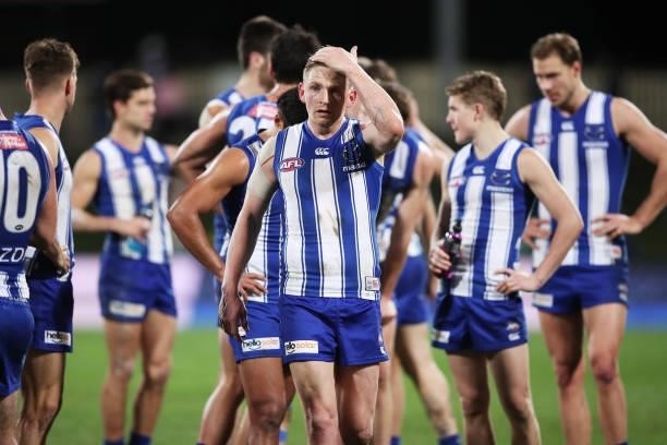 Jack Ziebell of the Kangaroos looks dejected after the round 14 AFL match between the North Melbourne Kangaroos and the Brisbane Lions at Blundstone...