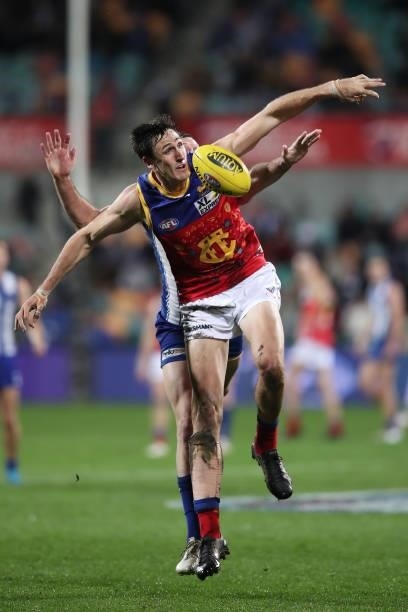 Oscar McInerney of the Lions in action during the round 14 AFL match between the North Melbourne Kangaroos and the Brisbane Lions at Blundstone Arena...