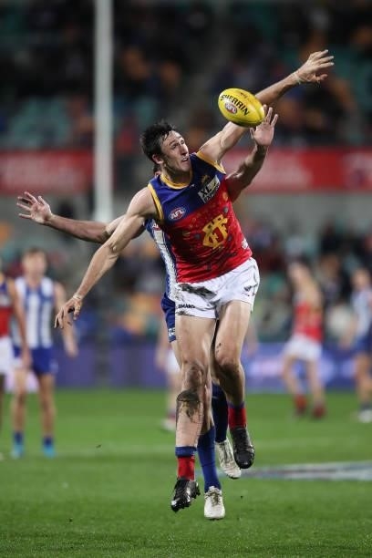 Oscar McInerney of the Lions in action during the round 14 AFL match between the North Melbourne Kangaroos and the Brisbane Lions at Blundstone Arena...