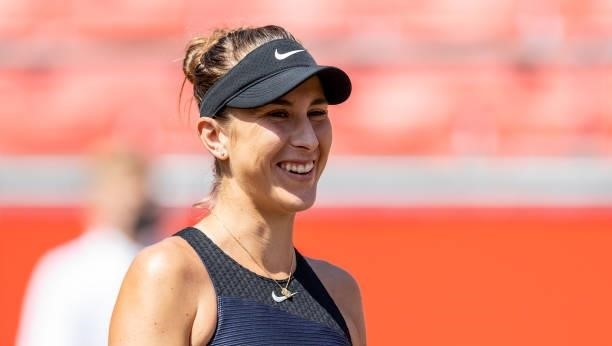 Belinda Bencic of Switzerland smiles in the women's singles semifinal match against Alize Cornet of France during day 8 of the bett1open at LTTC...
