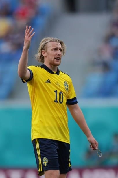 Emil Forsberg of Sweden reacts during the UEFA Euro 2020 Championship Group E match between Sweden and Slovakia at Saint Petersburg Stadium on June...