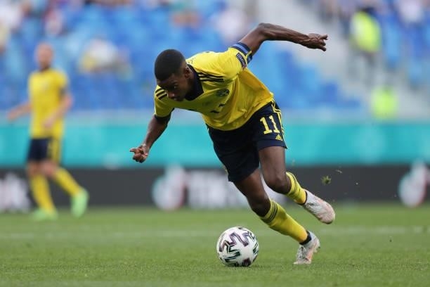 Alexander Isak of Sweden controls the ball during the UEFA Euro 2020 Championship Group E match between Sweden and Slovakia at Saint Petersburg...