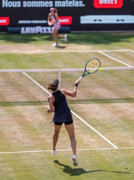Belinda Bencic of Switzerland hits a forehand against Alize Cornet of France in the women's singles semifinal match during day 8 of the bett1open at...