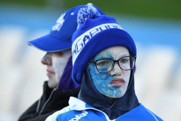 Fans are seen during the round 14 AFL match between the North Melbourne Kangaroos and the Brisbane Lions at Blundstone Arena on June 19, 2021 in...