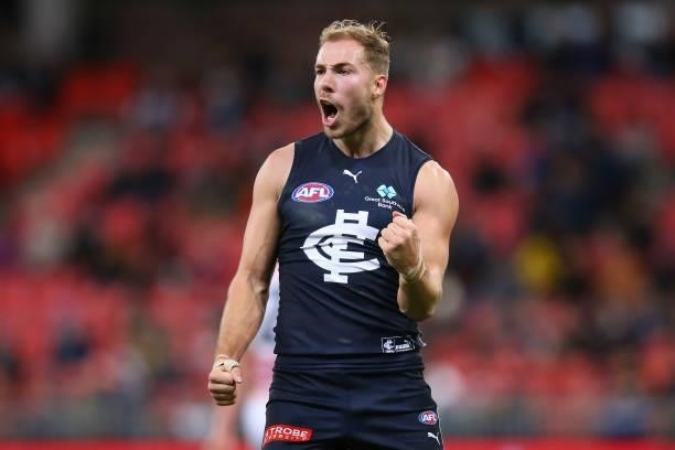 Harry McKay of the Blues celebrates kicking a goal during the round 14 AFL match between the Greater Western Sydney Giants and the Carlton Blues at...