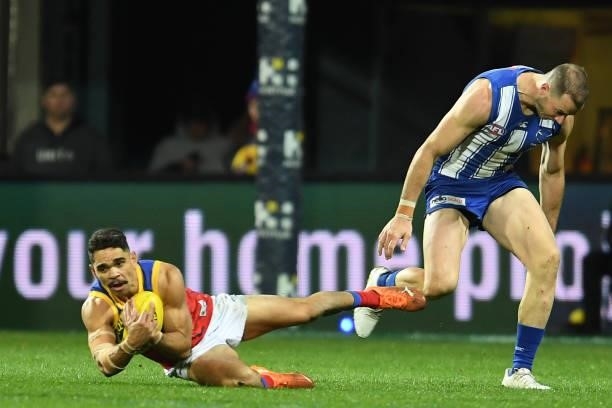 Charlie Cameron of the Lions takes a mark during the round 14 AFL match between the North Melbourne Kangaroos and the Brisbane Lions at Blundstone...