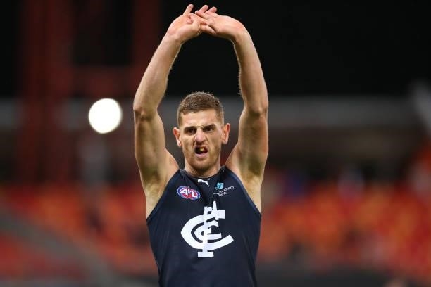 Liam Jones of the Blues in action during the round 14 AFL match between the Greater Western Sydney Giants and the Carlton Blues at GIANTS Stadium on...