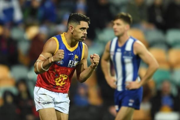Charlie Cameron of the Lions celebrates a goal during the round 14 AFL match between the North Melbourne Kangaroos and the Brisbane Lions at...