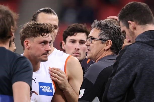 Giants head coach Leon Cameron talks to his players during the round 14 AFL match between the Greater Western Sydney Giants and the Carlton Blues at...
