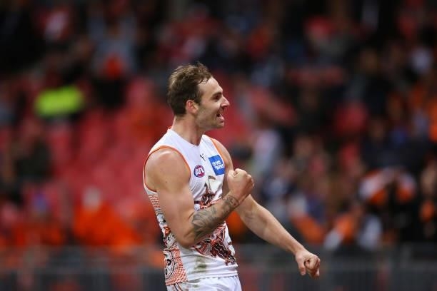 Jeremy Finlayson of the Giants celebrates kicking a goal during the round 14 AFL match between the Greater Western Sydney Giants and the Carlton...